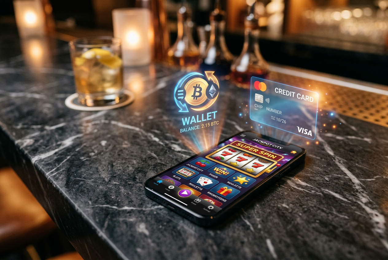A modern smartphone displaying a casino interface next to a digital wallet icon.