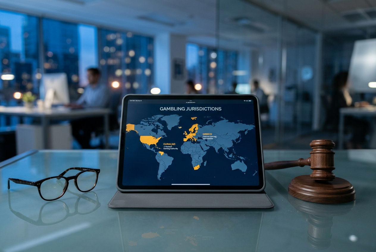 Digital tablet showing legal compliance icons and a globe.