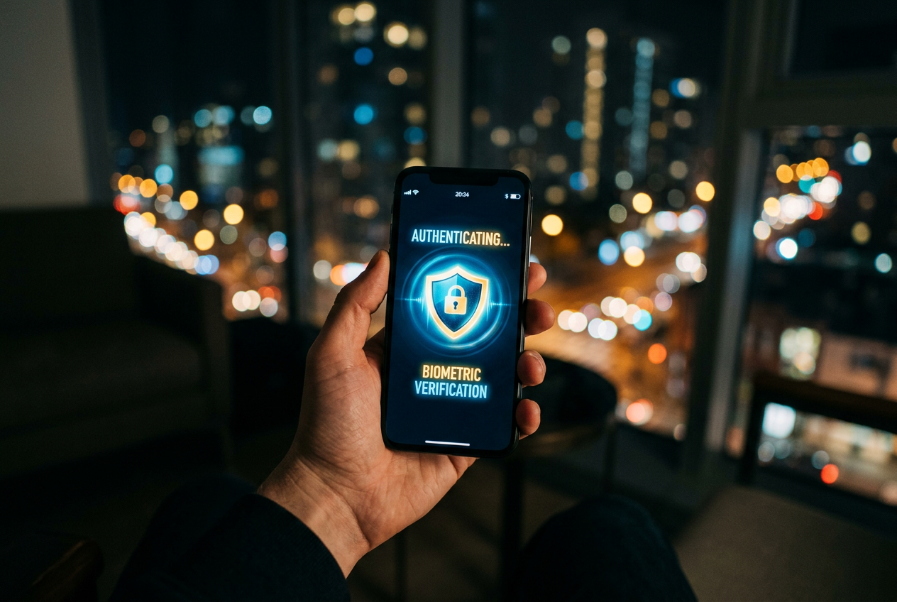 A smartphone screen showing a glowing security authentication shield.
