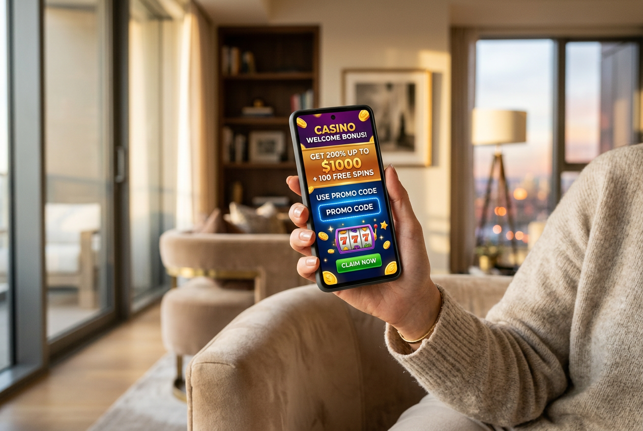 A person holding a smartphone showing a casino promo code.