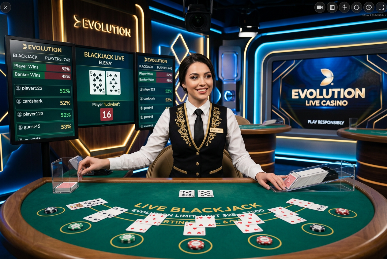 A professional live casino dealer at a blackjack table.
